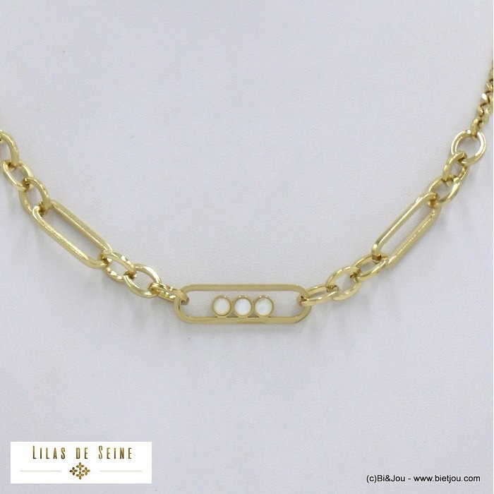 collier acier inoxydable 3 cabochons pierre femme 0122064 blanc
