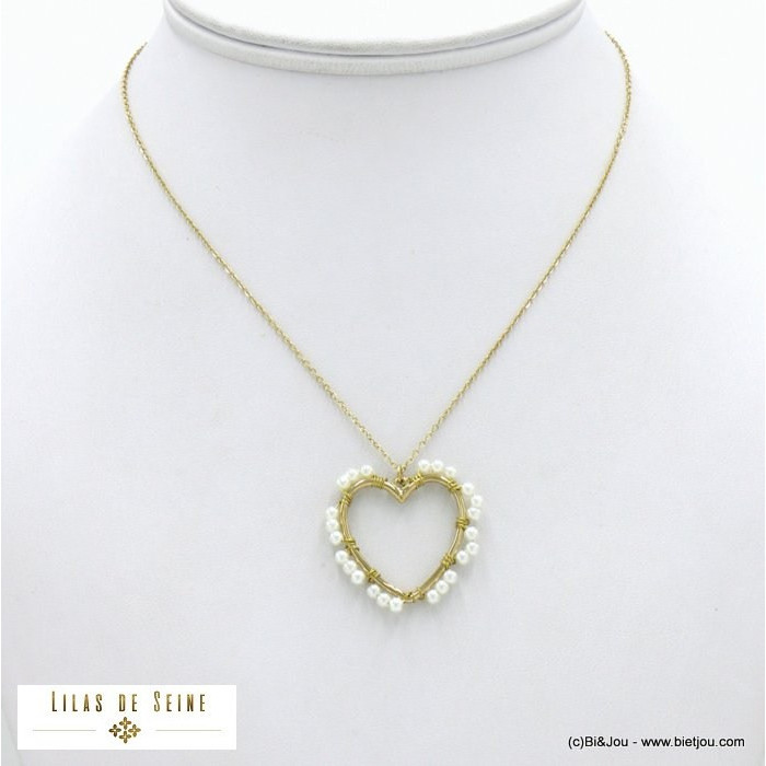 collier acier inoxydable coeur imitation perle femme 0122094