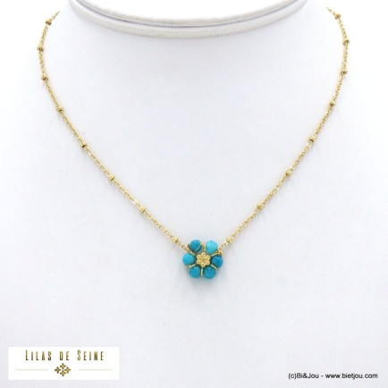 collier acier inoxydable fleur pierre naturelle femme 0122103