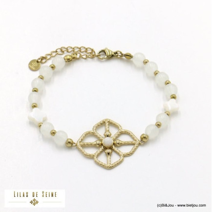 bracelet acier inoxydable fleur trèfle billes pierre femme 0222069