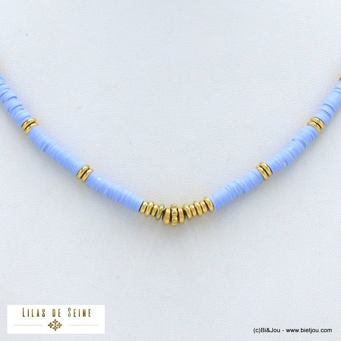 collier plage surfeur rondelles Heishi acier inoxydable 0122095 bleu ciel