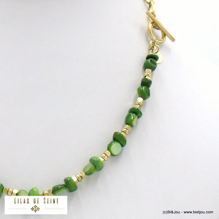 collier acier inoxydable nacre fermoir T batonnet femme 0122106 vert