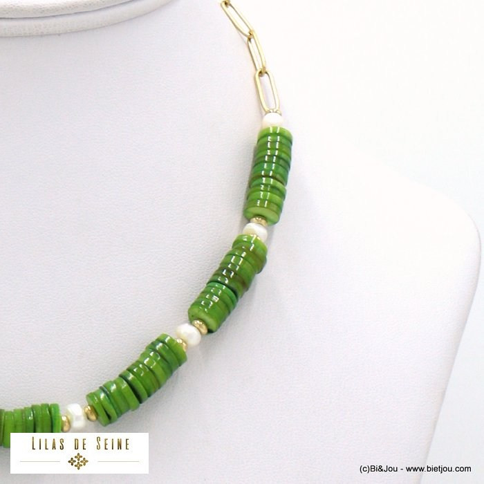 collier plage surfeur rondelles nacre perles d'eau douce acier inoxydable 0122104 vert