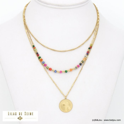 collier triple rang acier inoxydable médaillon Cléopatre billes facettées pierre naturelle femme 0122505