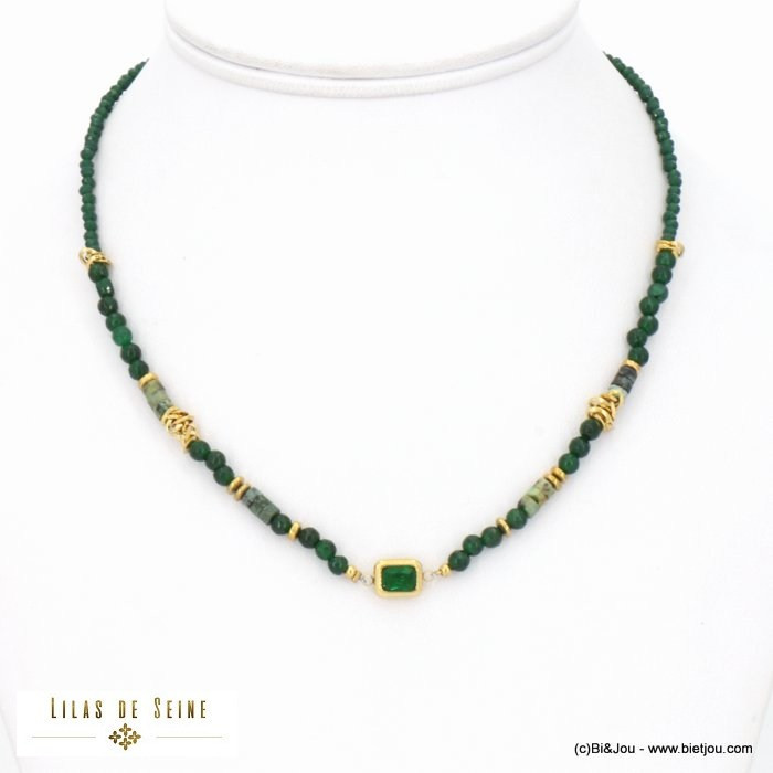 collier acier inoxydable billes facettées pierre naturelle pendentif strass chaîne cristal femme 0122524