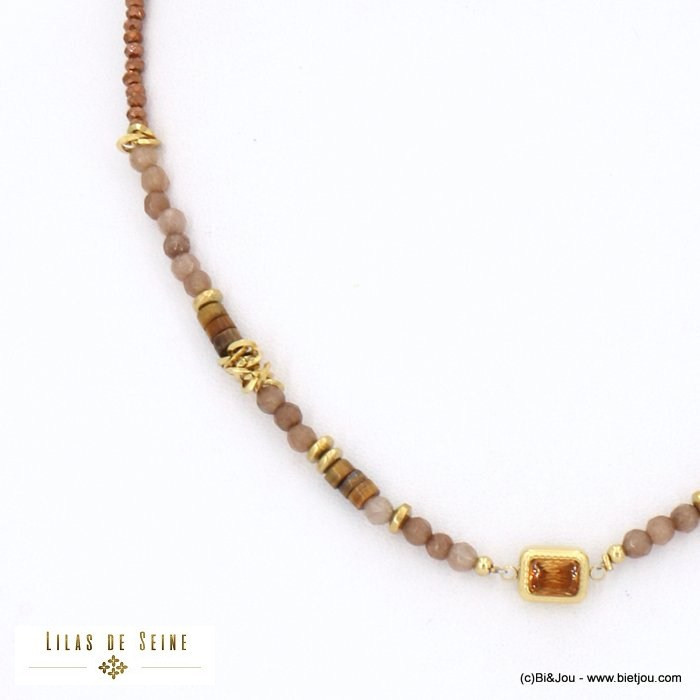 collier acier inoxydable billes facettées pierre naturelle pendentif strass chaîne cristal femme 0122524 marron