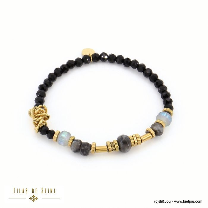 bracelet élastique acier inoxydable billes facettées pierre véritable cristal femme 0222510