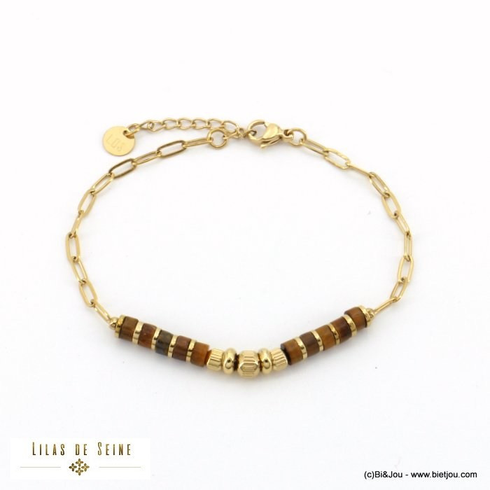bracelet acier inoxydable rondelles pierre véritable chaîne maille rectangle femme 0222520