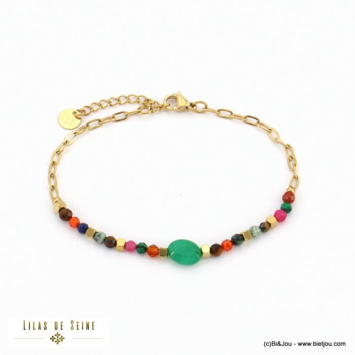 bracelet acier inoxydable bohème olive billes facettées pierre véritable femme 0222512