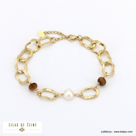 bracelet acier inoxydable disques pierre perle eau douce chaîne grosse maille femme 0222516