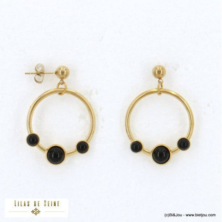 boucles d'oreilles minimaliste acier inoxydable anneau cabochon pierre véritable femme 0322520