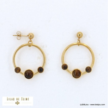 boucles d'oreilles minimaliste acier inoxydable anneau cabochon pierre véritable femme 0322520