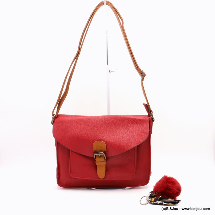 sac à bandoulière façon cartable Flora&Co simili-cuir souple boule de poil foulard femme 0922048 rouge