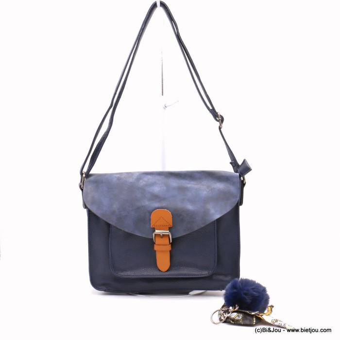 sac à bandoulière cartable Flora&Co simili-cuir souple rabat scintillant boule de poil foulard femme 0922050 bleu