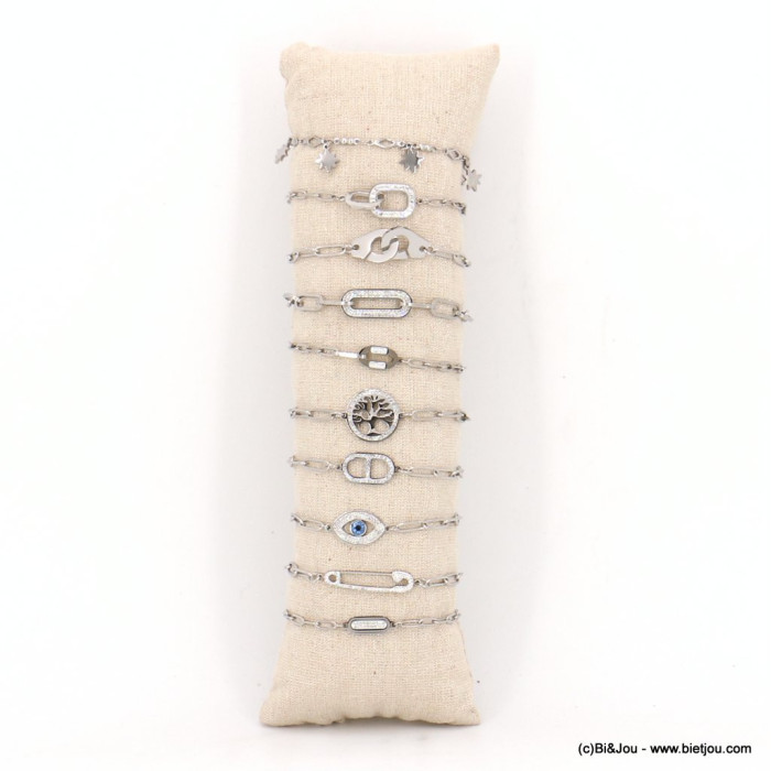 Boudin de 10 bracelets strass étoile menottes arbre de vie oeil protecteur en acier inoxydable argenté prêt à l'emploi 0222552