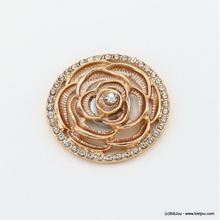 Broche rose magnétique ronde ajourée métal strass émail 0522515 naturel/beige
