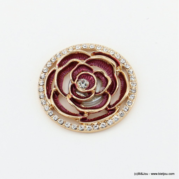 Broche rose magnétique ronde ajourée métal strass émail 0522515 rouge bordeaux