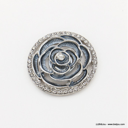 Broche rose magnétique ronde ajourée métal strass émail 0522515 gris clair