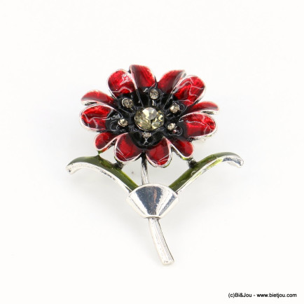 Broche épingle fleur métal émail strass coloré femme 0522505 rouge
