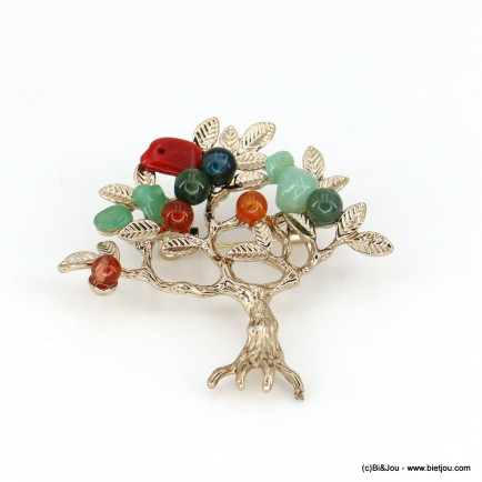 Broche épingle arbre métal doré éclats pierre verre femme 0522508 multi