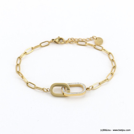 Bracelet anneax entrelacés strass chaine maille rectangulaire acier inoxydable femme 0222573 doré