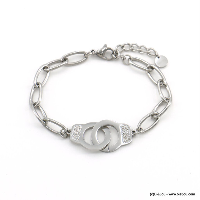 Bracelet acier inoxydable menottes strass chaîne grosse maille femme 0222571 argenté