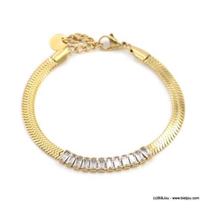 Bracelet acier inoxydable chaîne maille plate serpent strass rectangle femme 0222584 blanc