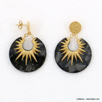 BOUCLES D'OREILLE ACIER INOXYDABLE DEMI-SOLEIL DISQUE RÉSINE MARBRÉE FEMME 0322600 noir
