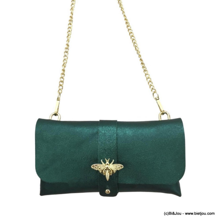 Sac à bandoulière chaîne pochette cuir véritable irisé rabat abeille femme 0922518 vert foncé Sac à bandoulière chaîne pochette cuir véritable irisé rabat abeille femme 0922518 vert foncé