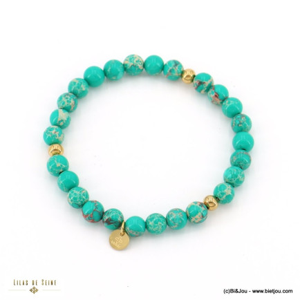 Bracelet élastique billes 6mm pierre marbrée femme 0223015 bleu turquoise