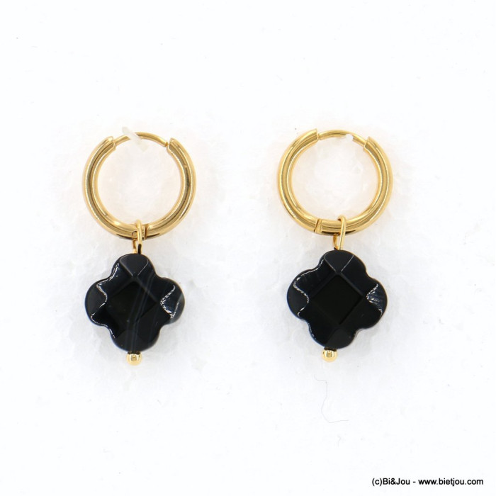 BOUCLES D'OREILLE MINI CRÉOLES TRÈFLE ACIER INOXYDABLE PIERRE FEMME 0323046 noir BOUCLES D'OREILLE MINI CRÉOLES TRÈFLE ACIER INOXYDABLE PIERRE FEMME 0323046 noir