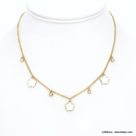 Collier acier inoxydable pampilles fleurs nacre strass femme 0123048 blanc