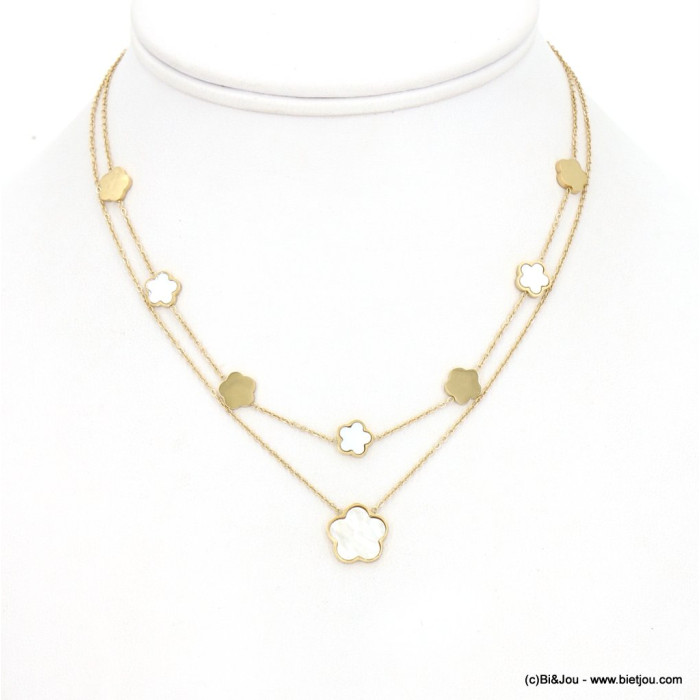 Collier layering double-rangs acier inoxydable pampilles fleurs nacre femme 0123049 blanc