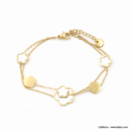 Bracelet double-chaines acier inoxydable pampilles fleurs nacre femme 0223056 blanc