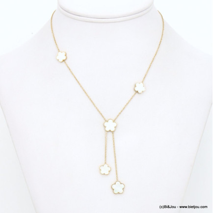 Collier Y acier inoxydable pampilles fleurs nacre femme 0123050 blanc