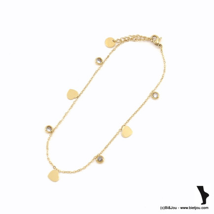 Chaine de cheville acier inoxydable pampilles coeur strass femme 0223061 doré