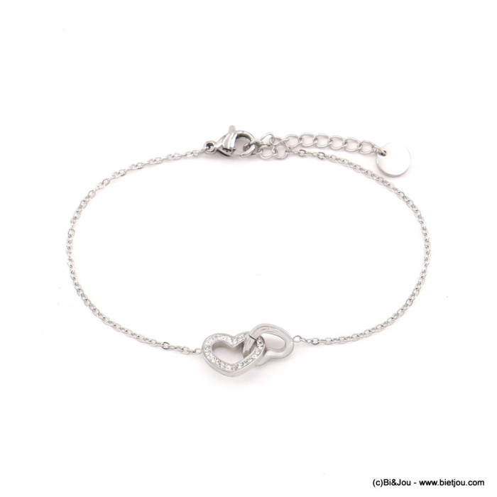 Bracelet acier inoxydable coeur entrelacés strass femme 0223053 argenté