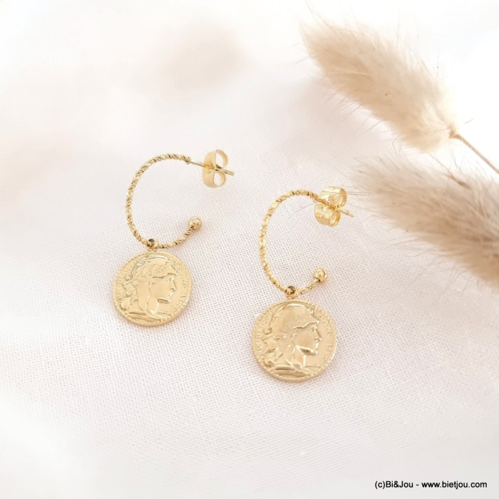 Boucles d'oreille demi-créoles pièce de monnaie visage Dante acier inoxydable femme 0323086 doré Boucles d'oreille demi-créoles pièce de monnaie visage Dante acier inoxydable femme 0323086 doré