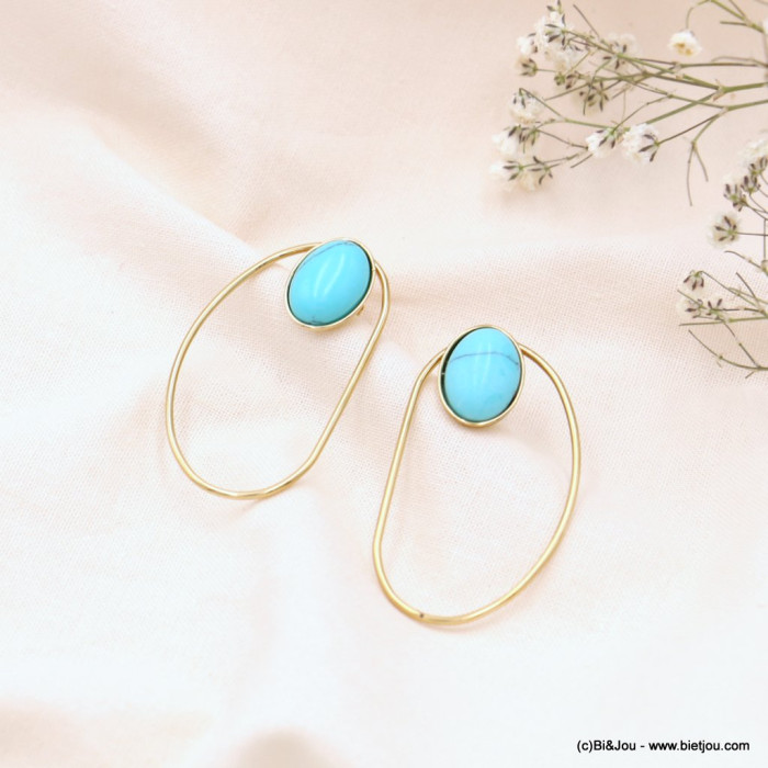 Boucles d'oreilles anneau acier inoxydable cabochon pierre contemporain femme 0323064 bleu turquoise Boucles d'oreilles anneau acier inoxydable cabochon pierre contemporain femme 0323064 bleu turquoise