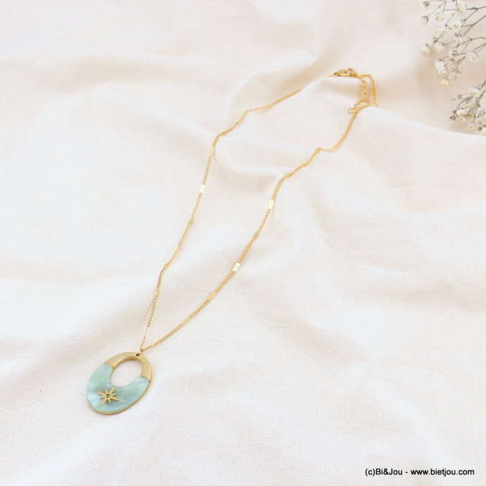 Collier pendentif résine acétate écaille de tortue étoile surmontée acier inoxydable strass 0123079 vert aqua Collier pendentif résine acétate écaille de tortue étoile surmontée acier inoxydable strass 0123079 vert aqua