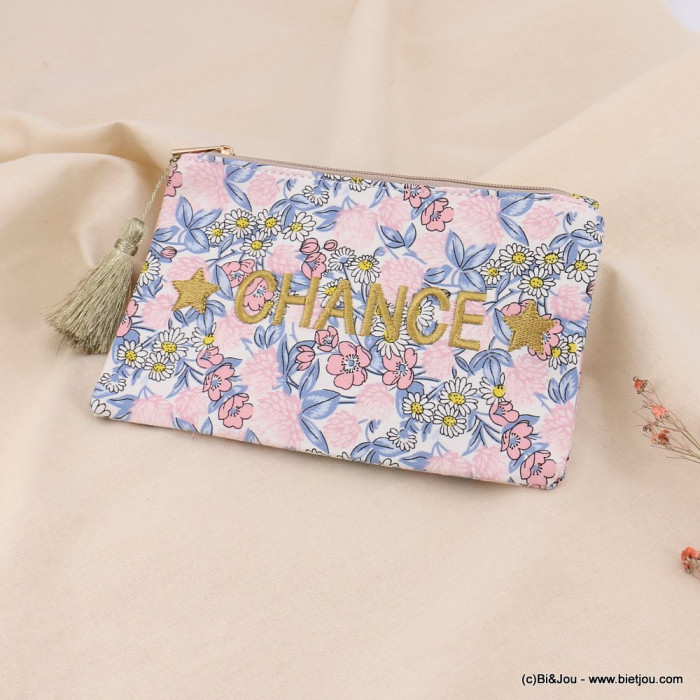 Pochette mini trousse maquillage plate inscription brodée CHANCE étoile imprimé fleurs coton pompon fil 0923020 Pochette mini trousse maquillage plate inscription brodée CHANCE étoile imprimé fleurs coton pompon fil 0923020