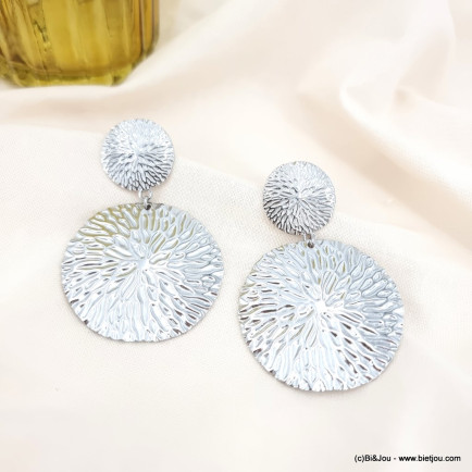 Boucles d'oreille acier inoxydable disques martelés psychédélique femme 0323073 argenté