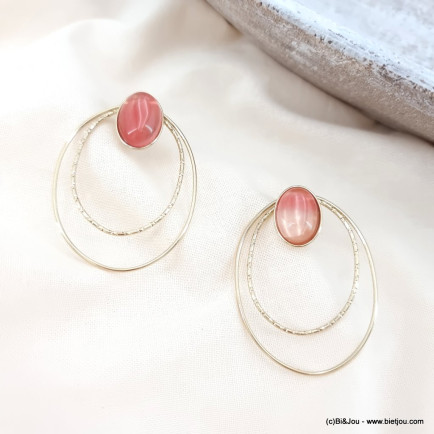 Boucles d'oreilles double anneaux ovales acier cabochon pierre femme 0323081 rose
