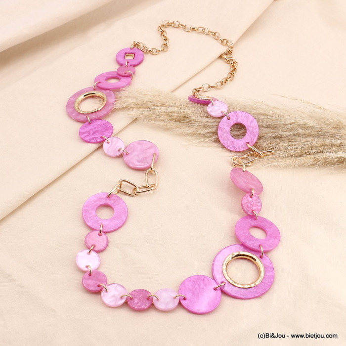Collier sautoir chaîne disques et cercles en acétate et métal doré pour femme 0123059 violet