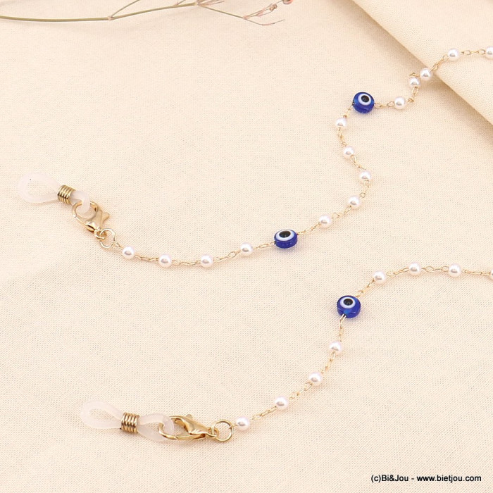 Chaîne de lunettes œil tunisien protecteur gris gris et perles adaptable 0123082 blanc