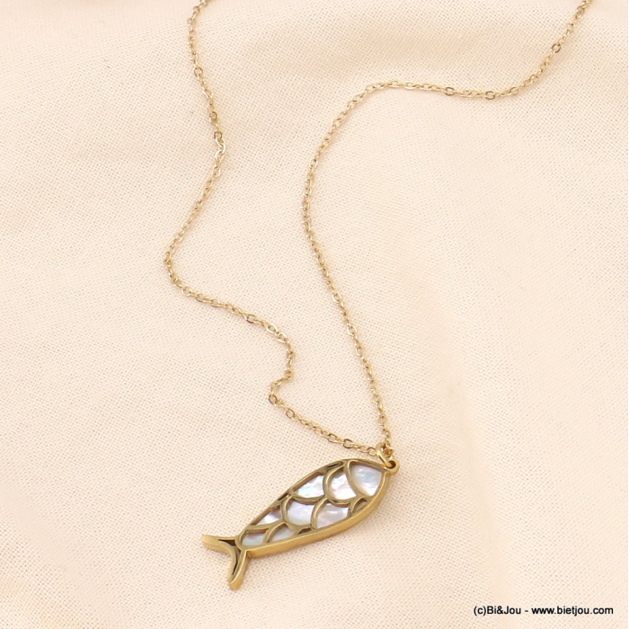 Collier court porte-bonheur pendentif poisson nacre et acier 0123109 doré