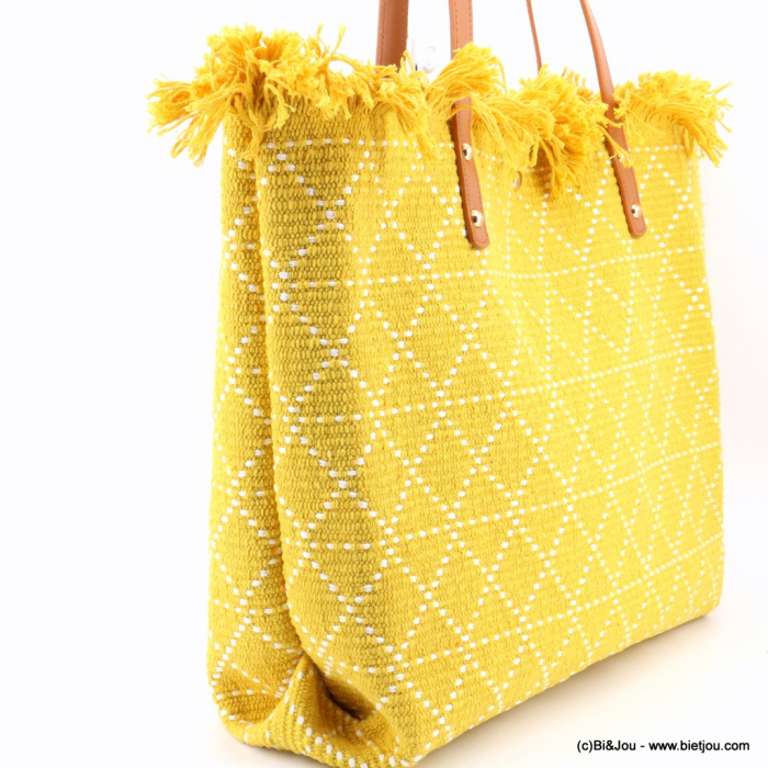 Cabas porté épaule coton tressé losange franges anses simili-cuir femme 0923037 jaune