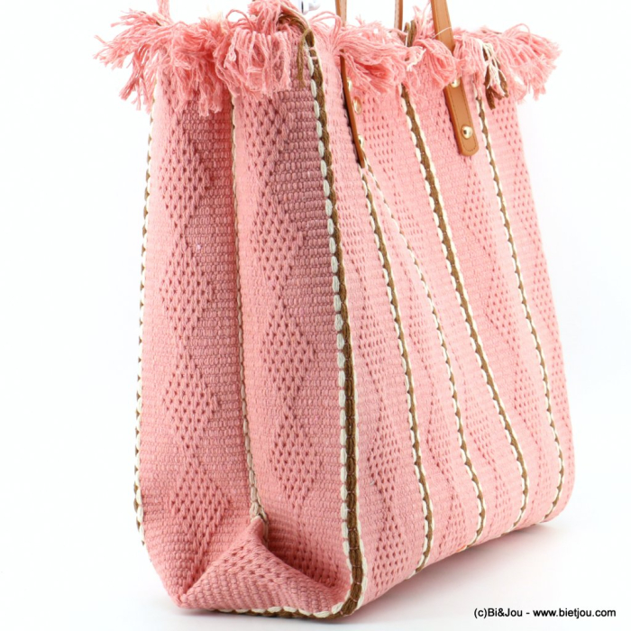 Cabas porté épaule coton tressé losange franges anses simili-cuir femme 0923041 rose