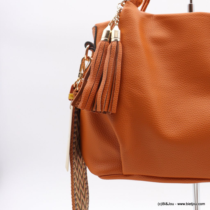 SAC À MAIN FLORA&CO SIMILI-CUIR SOUPLE GRAINÉ POMPON TASSEL LANIÈRE 0922530 cognac