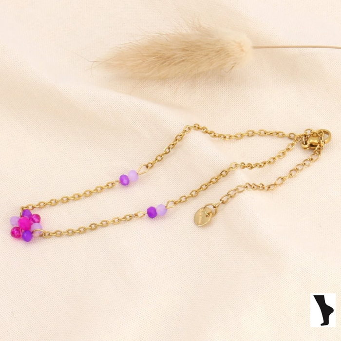Bracelet de cheville fleurs perles acier femme 0223117 fushia
